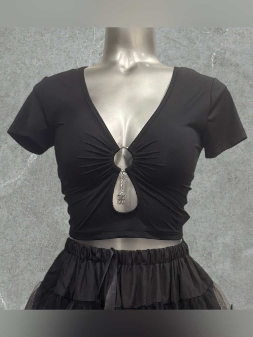 $10 Add-on | Black Short Sleeve Crop Top with Front Ring & Charm